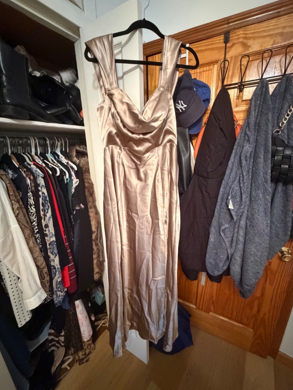 Mia Shiny Satin Dress in Mocha - Picture 3 of 4